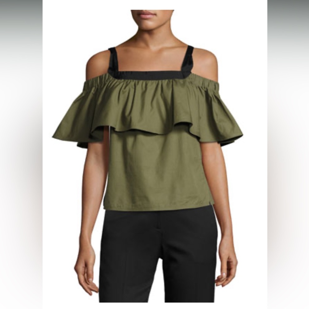 New Jason Wu Grey Ruffled Cold-Shoulder Cotton Poplin Top Green